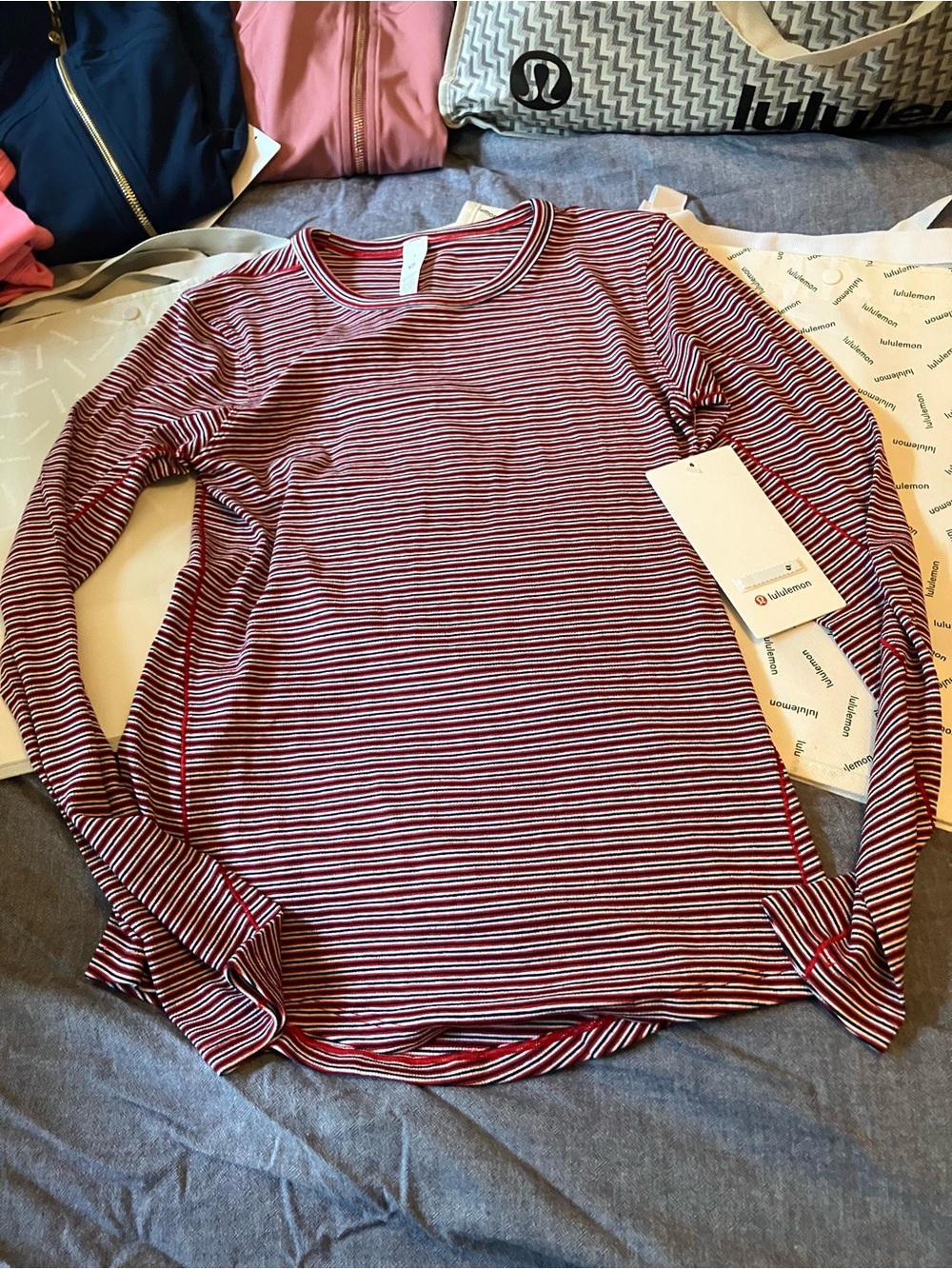 NWT Lululemon Hold Tight Long Sleeve, Sz 6, Surround Stripe Oxford Red/White